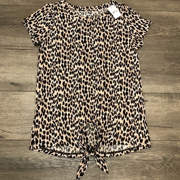 Loft Leopard Print Tie Hem 100% Linen Tee Size XS - Picture 3 of 7
